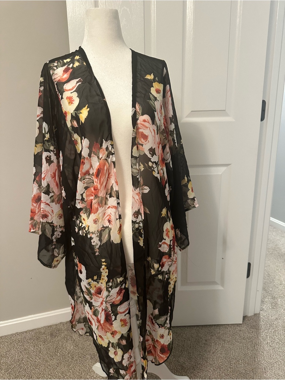 ADORA Black Floral Sheer Kimono with Pink and Yellow Blooms